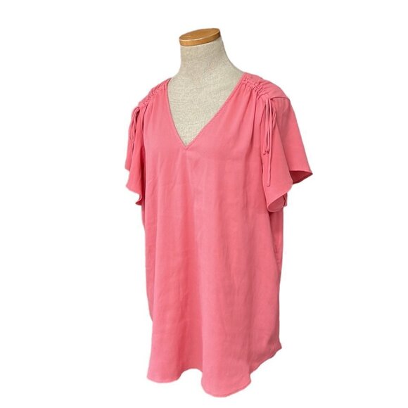 Ann Taylor Blouse V-Neck Synched Shoulders Bubble Gum Pink Size Large L - Picture 2 of 16